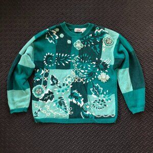 VINTAGE 90s THATS ME GREEN PATCHWORK SWEATER WITH FLORAL PATTERN SIZE MEDIUM